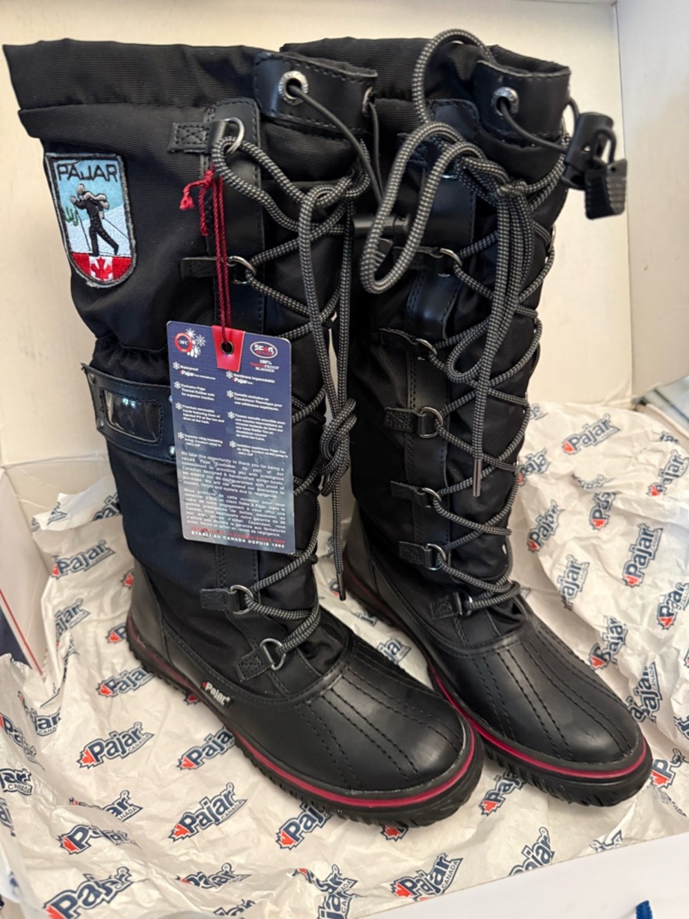 Pajar Black Tall Lace-Up Winter Boots with Red Accent Size 6.5 Waterproof